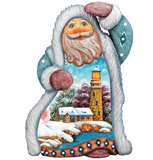 Santa Lighthouse ornament by G. DeBrekht; turquoise coat with winter lighthouse scene on Tampa Home & Garden Store