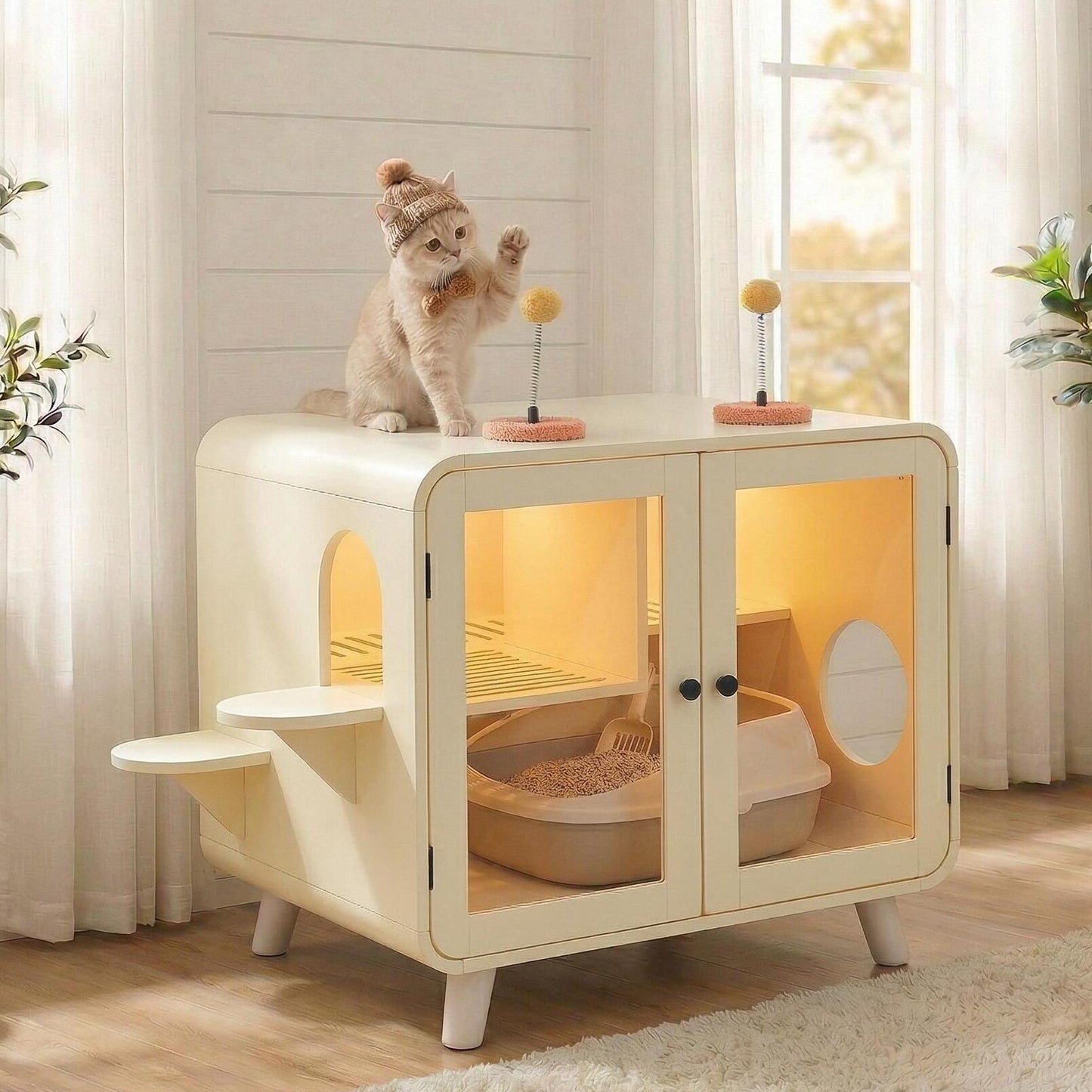 Cat hidden litter box enclosure by HouseOfZazla in cream with glass doors and warm LED interior on Tampa Home & Garden Store