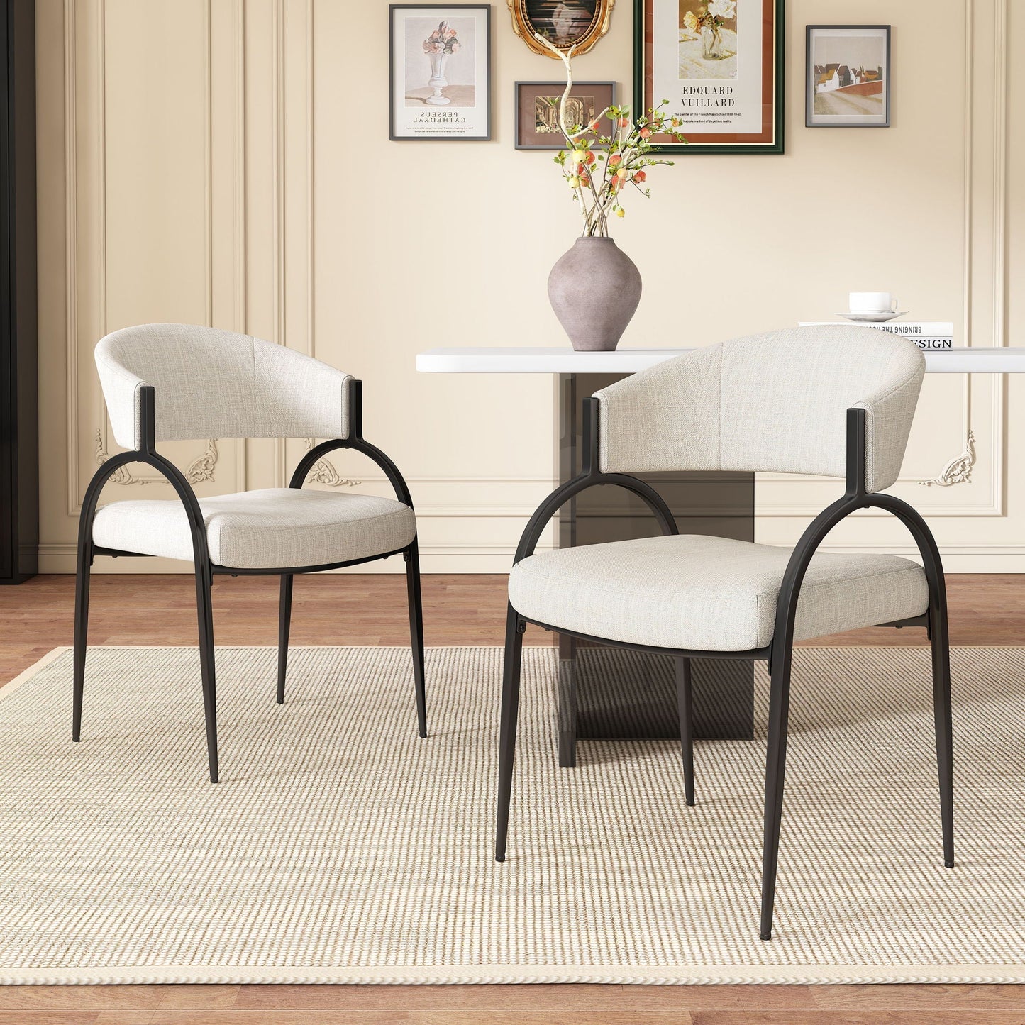 Contemporary upholstered dining chairs set of 2 beige fabric with black metal legs HouseOfZazla on Tampa Home & Garden Store