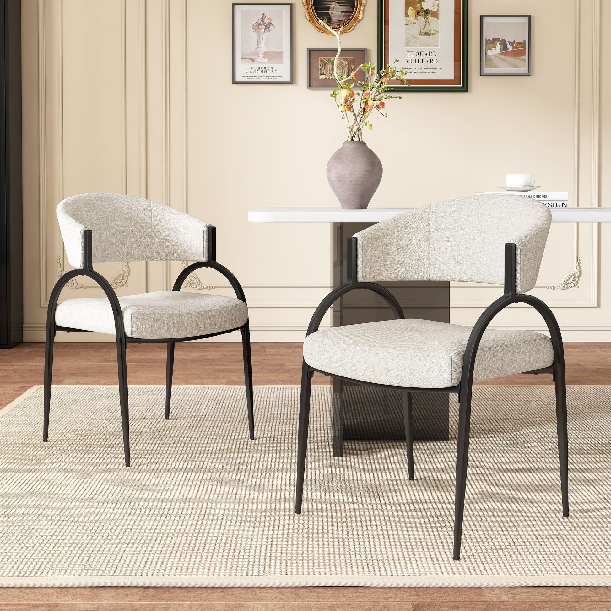 Contemporary upholstered dining chairs set of 2 beige fabric with black metal legs HouseOfZazla on Tampa Home & Garden Store