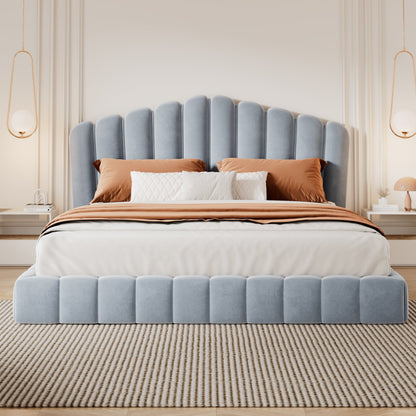 Velvet Upholstered Queen Bed with Shell Headboard