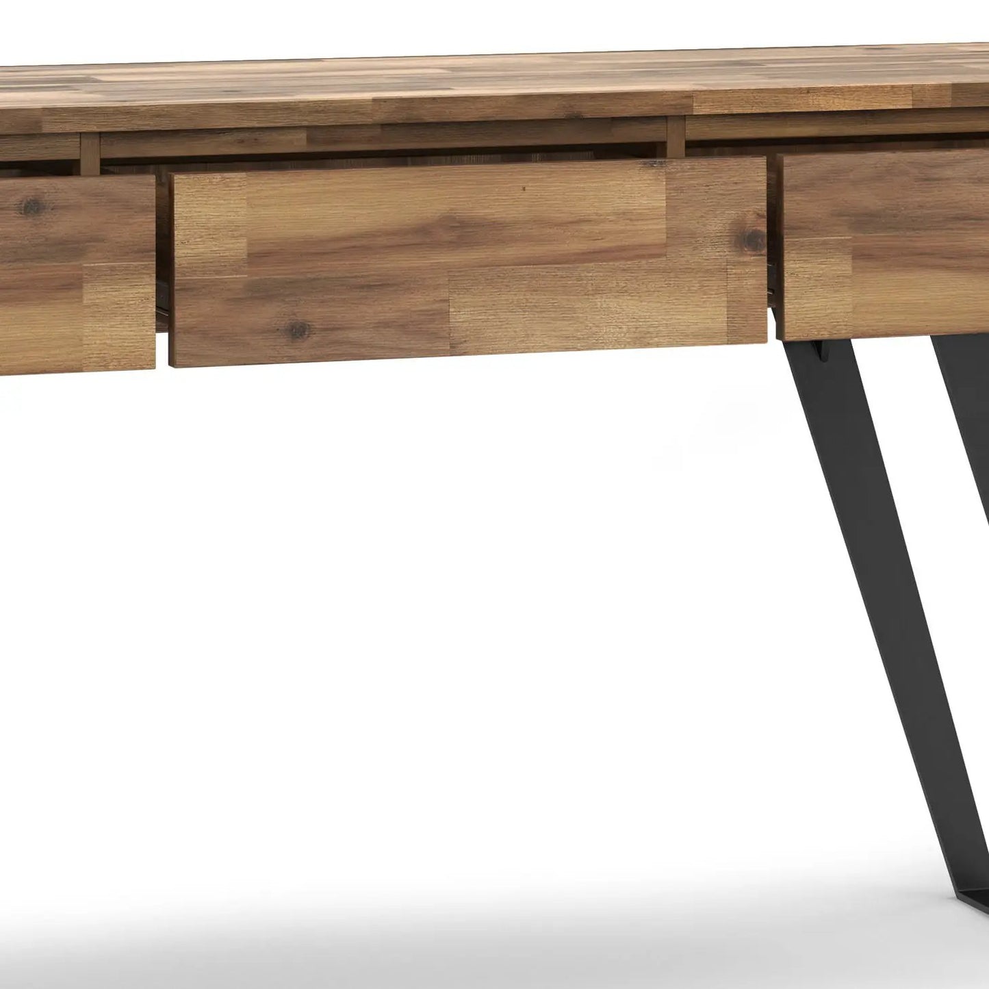 Lowry handcrafted console sofa table natural wood with drawers and black angled legs on Tampa Home & Garden Store