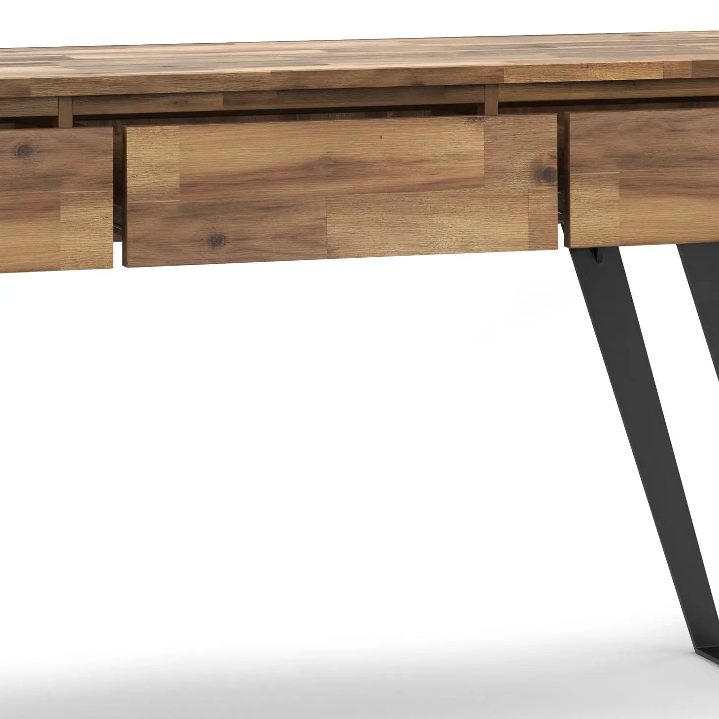 Lowry handcrafted console sofa table natural wood with drawers and black angled legs on Tampa Home & Garden Store
