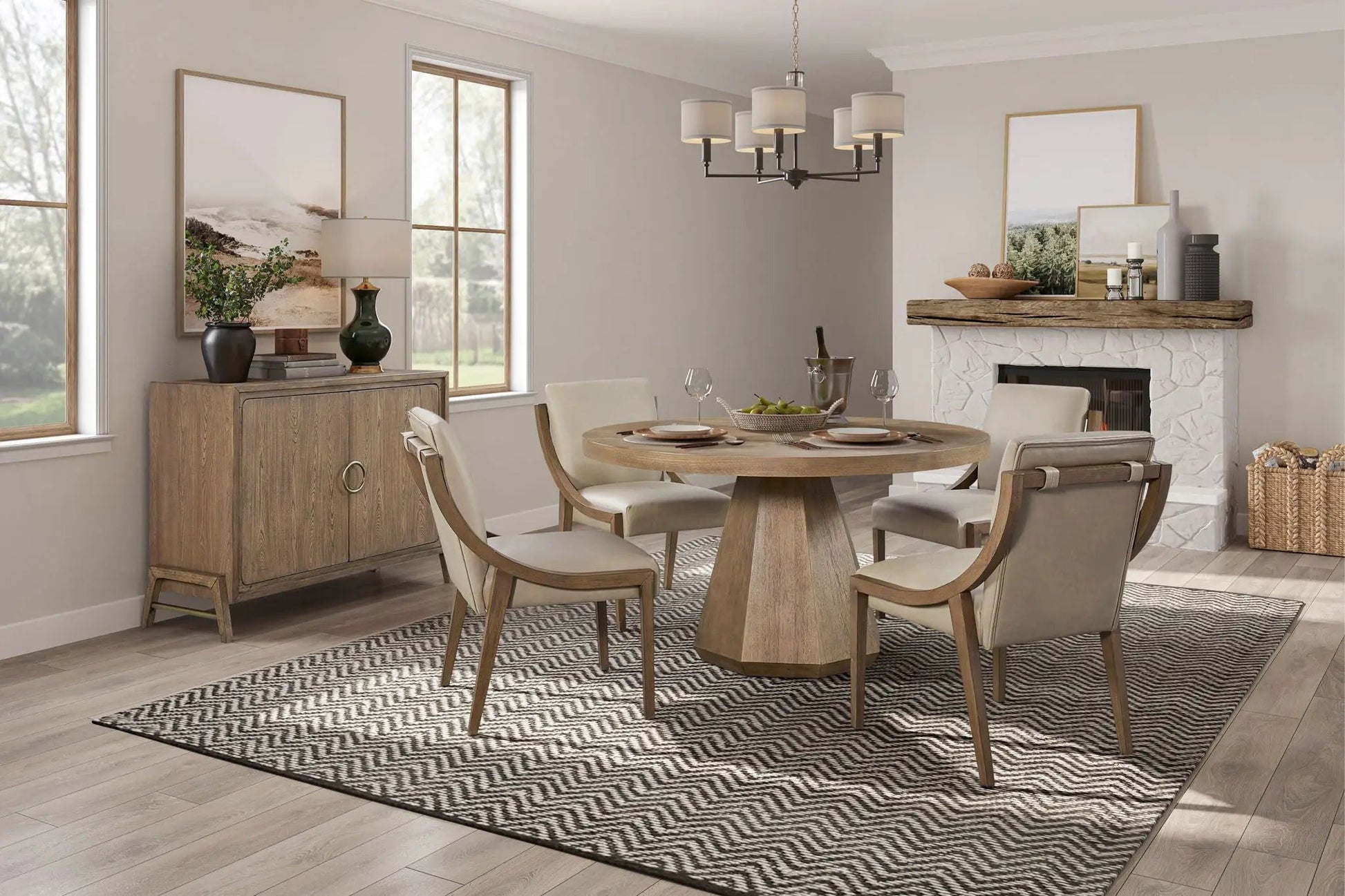 Elegant round dining table with four light oak chairs, pedestal base by Unique Piece Furniture on Tampa Home & Garden Store