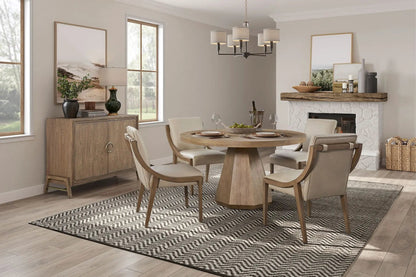 Elegant round dining table with four light oak chairs, pedestal base by Unique Piece Furniture on Tampa Home & Garden Store