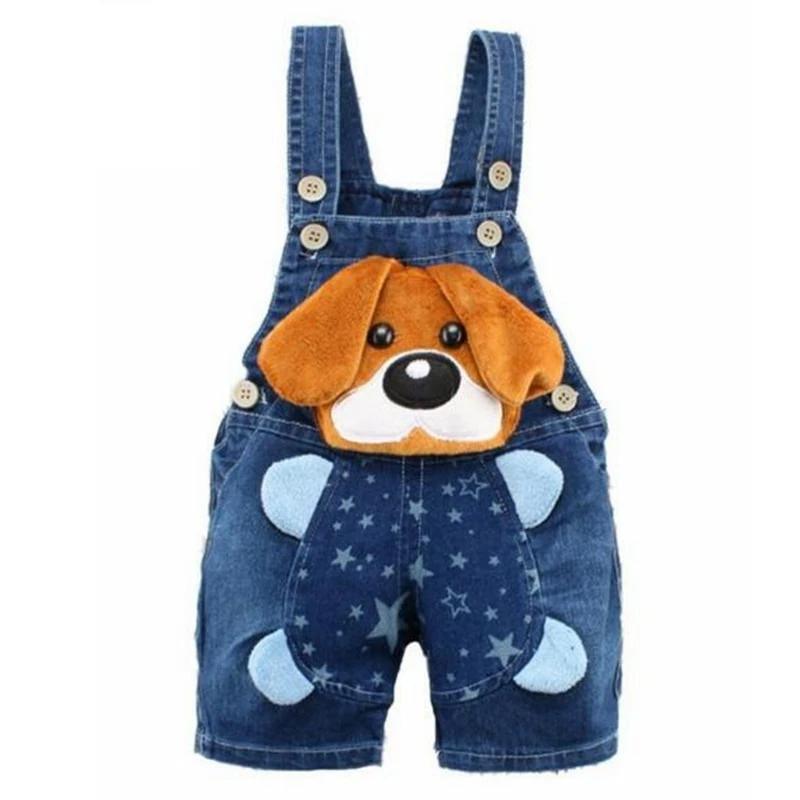 Stevvex denim baby overalls with plush dog face on chest, star-print shorts, blue suspenders on Tampa Home & Garden Store