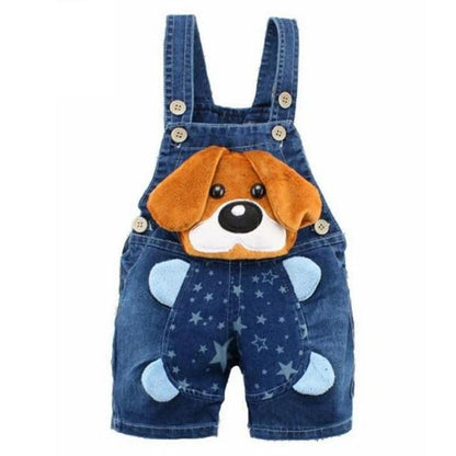 Stevvex denim baby overalls with plush dog face on chest, star-print shorts, blue suspenders on Tampa Home & Garden Store