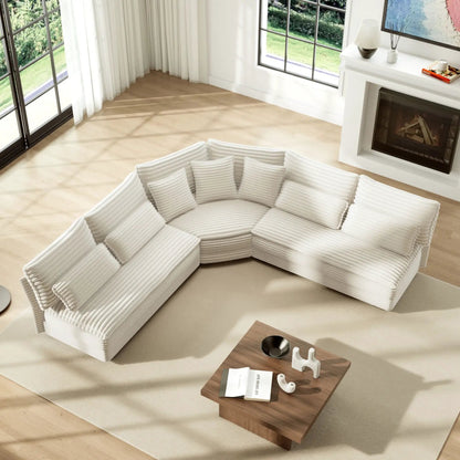 5 seater L-shaped sectional sofa with curved corner in creamy corduroy upholstery and 7 pillows on Tampa Home & Garden Store