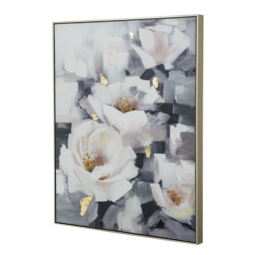 Sarah Framed Floral Wall Art HouseOfZazla, white blooms, muted blue-pink background, gold foil accents, gold frame on Tampa Home & Garden Store