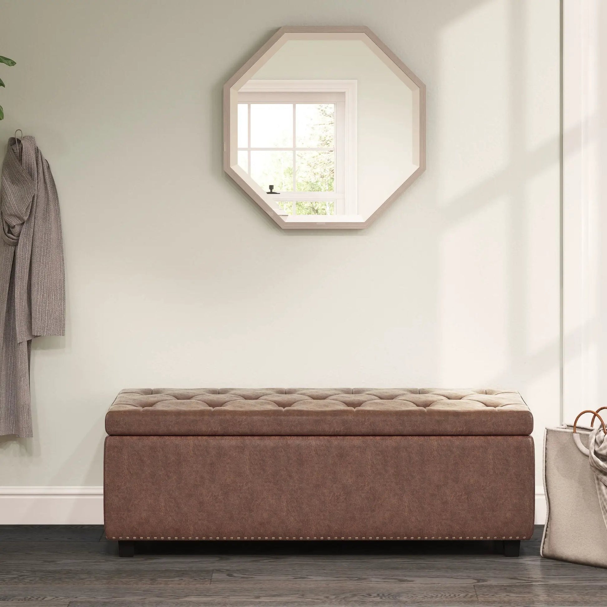 Hamilton Upholstered Storage Ottoman; brown tufted faux leather with nailhead trim on Tampa Home & Garden Store