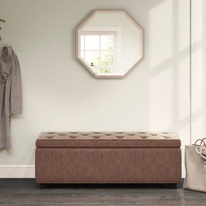 Hamilton Upholstered Storage Ottoman; brown tufted faux leather with nailhead trim on Tampa Home & Garden Store
