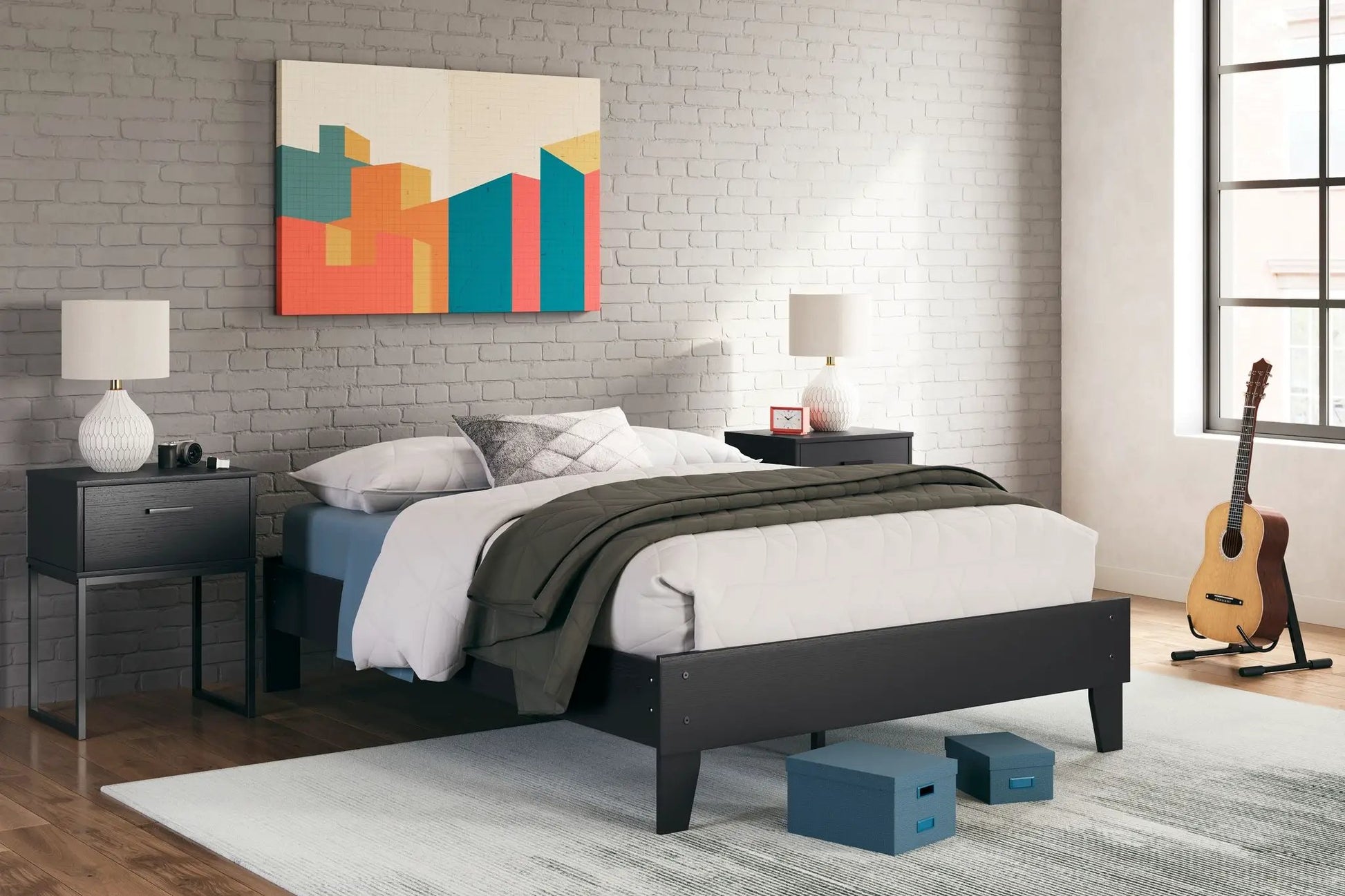 Socalle Platform Bed by Unique Piece Furniture in black wood with white quilted bedding on Tampa Home & Garden Store