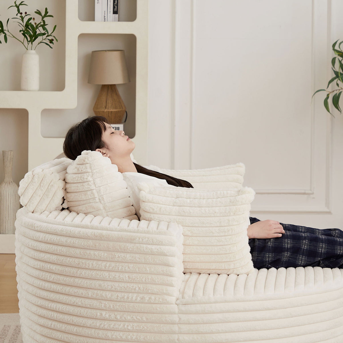 Modern Single Sofa With Backrest Pillow in white plush, circular armchair for living room on Tampa Home & Garden Store