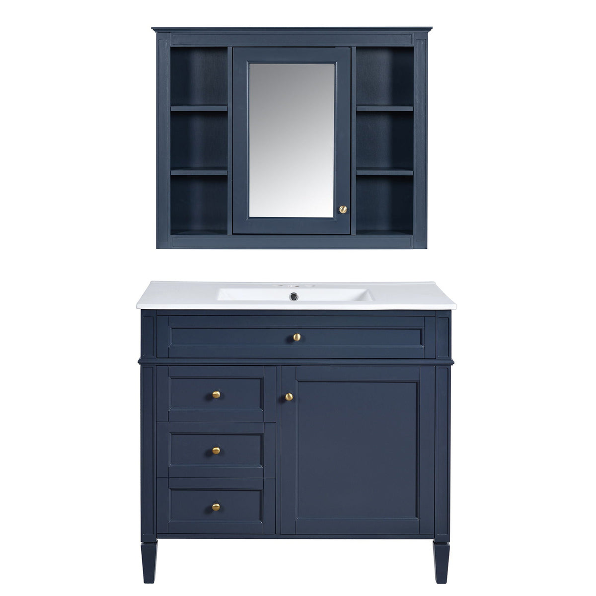 Bathroom vanity with mirror cabinet and shelves in navy, HouseOfZazla, soft-close doors on Tampa Home & Garden Store
