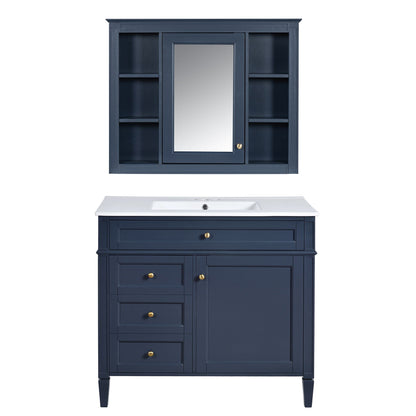 Bathroom vanity with mirror cabinet and shelves in navy, HouseOfZazla, soft-close doors on Tampa Home & Garden Store