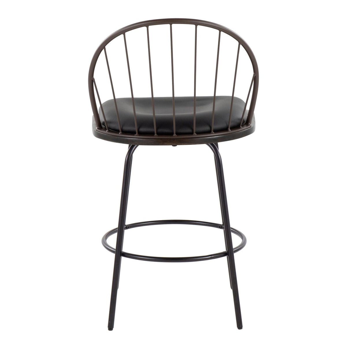 Farmhouse counter stool set with swivel, footrest, dark brown metal frame, black cushion on Tampa Home & Garden Store
