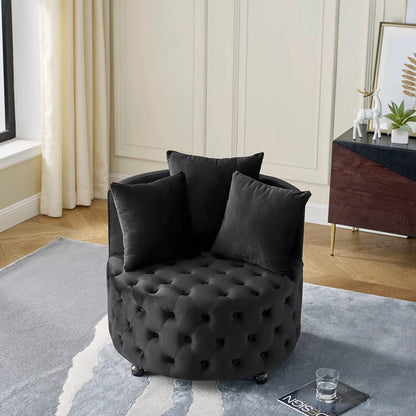 Swivel ottoman black with button tufting and casters in a modern living room on Tampa Home & Garden Store