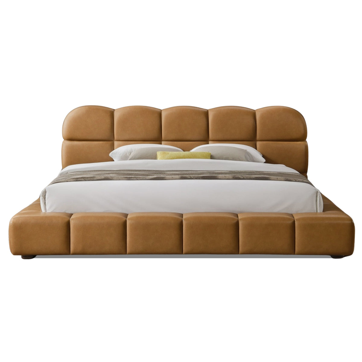 Roswell king-size platform bed by HouseOfZazla in caramel brown leather, tufted headboard on Tampa Home & Garden Store