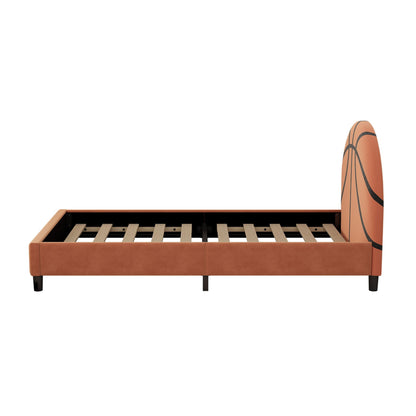 Basketball design orange upholstered twin bed with curved headboard and black stripes on Tampa Home & Garden Store