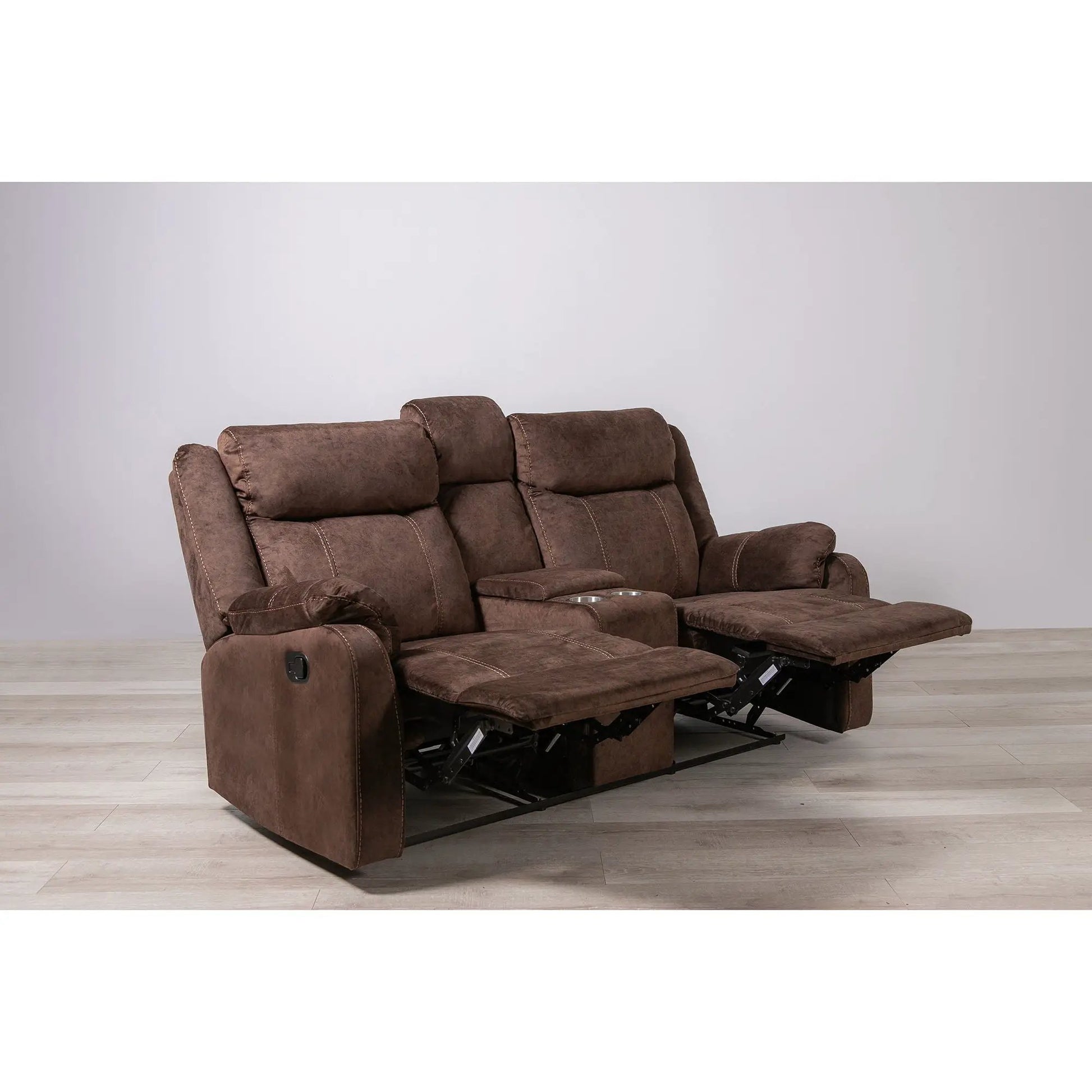 Sonet Domino reclining loveseat by Unique Piece Furniture in brown suede with cupholders on Tampa Home & Garden Store