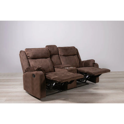 Sonet Domino reclining loveseat by Unique Piece Furniture in brown suede with cupholders on Tampa Home & Garden Store