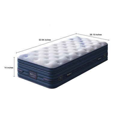 BedStory Spine Align Pro 14in Twin Firm Cooling Hybrid Mattress blue sides with tufted white top on Tampa Home & Garden Store