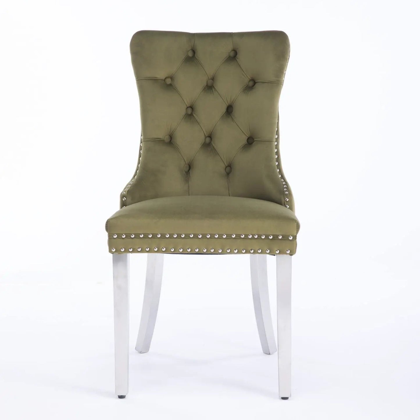 Nikki Tufted Velvet Dining Chair Set of 2 in olive green with nailhead trim on Tampa Home & Garden Store