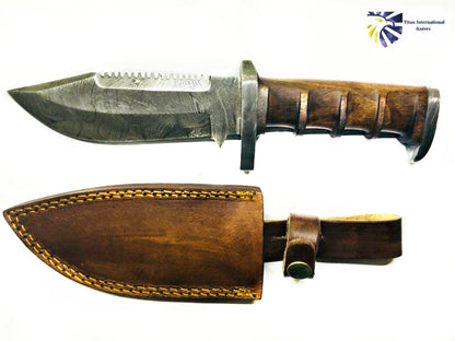 TD-105 dagger Titan International Knives; Damascus blade, wood handle, brown leather sheath on Tampa Home & Garden Store