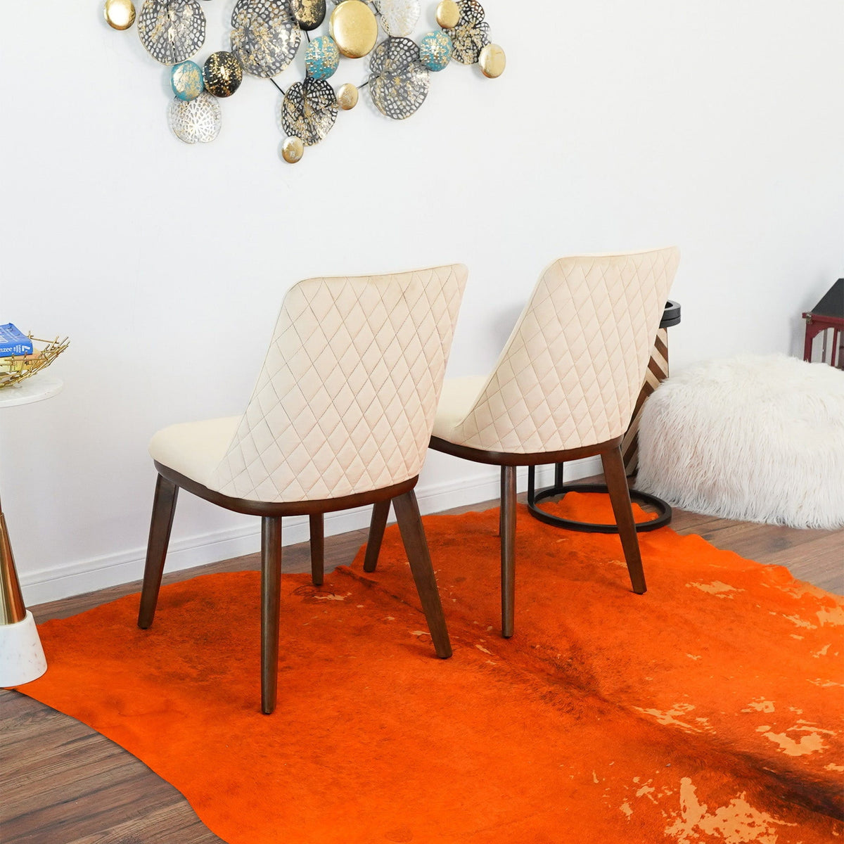Mid-century dining chairs set of 2 with quilted beige upholstery and solid wood legs on Tampa Home & Garden Store