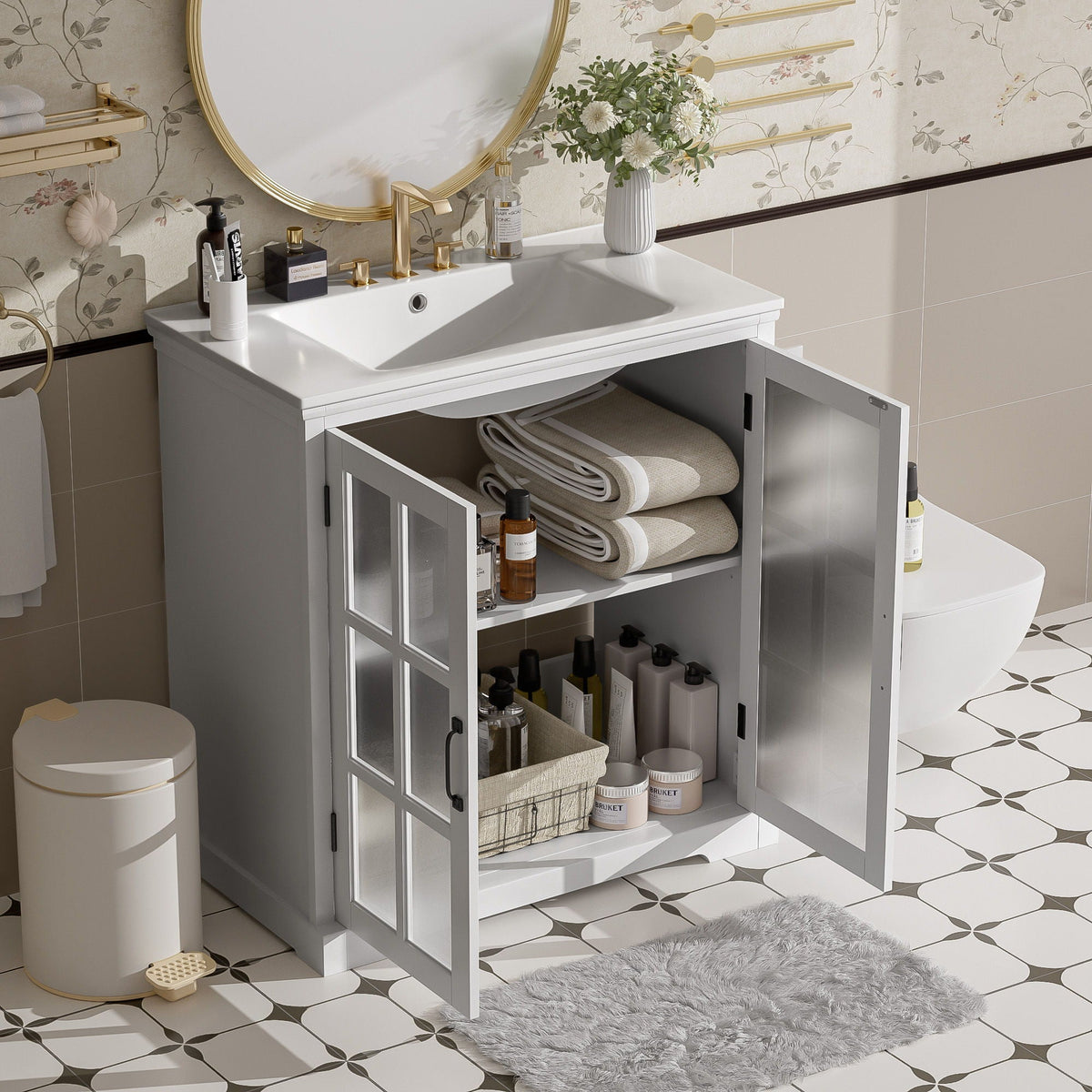 Modern vanity with ceramic sink, gold faucet, tempered blurred glass doors HouseOfZazla on Tampa Home & Garden Store