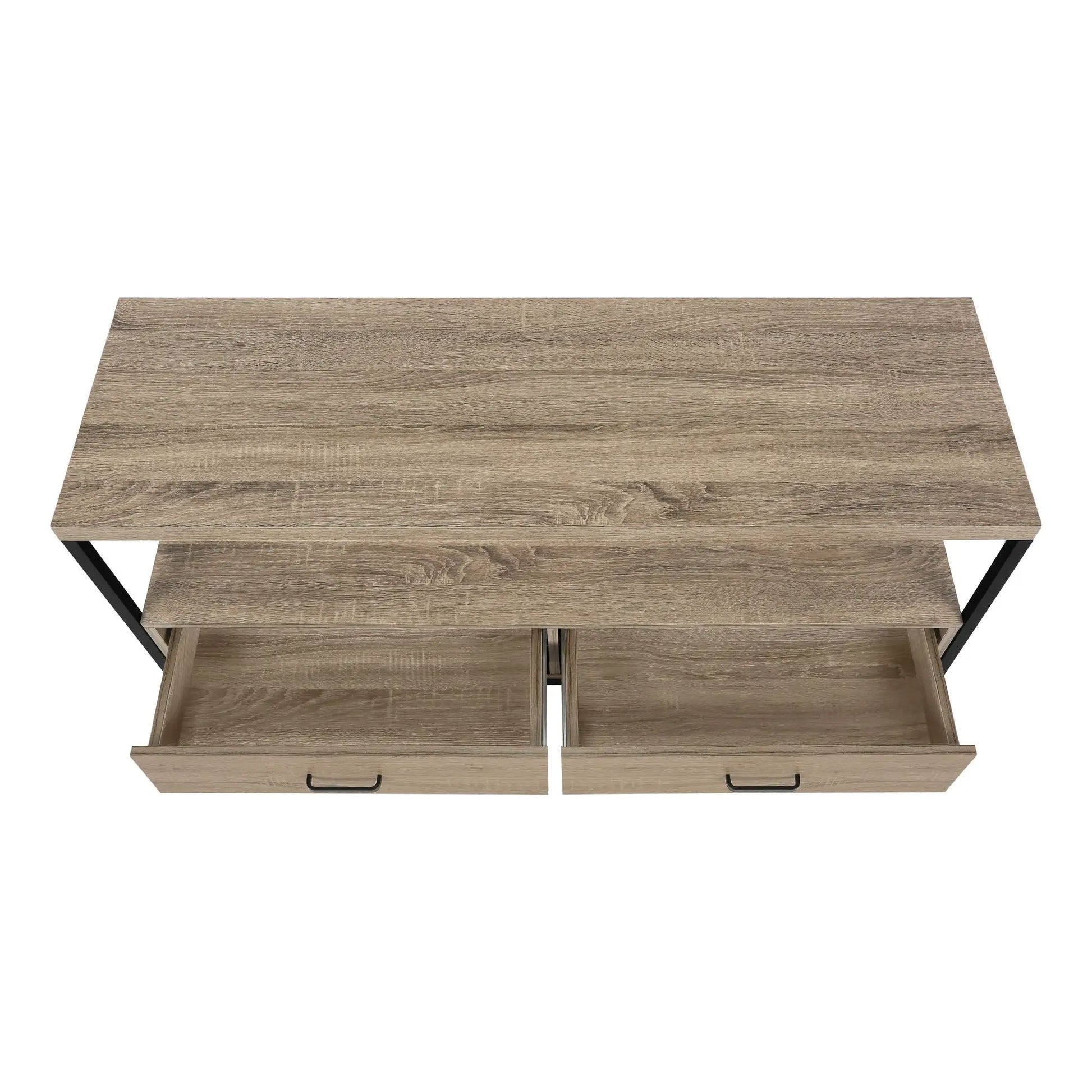 TV stand with wood grain finish, black metal geometric legs, two front drawers on Tampa Home & Garden Store