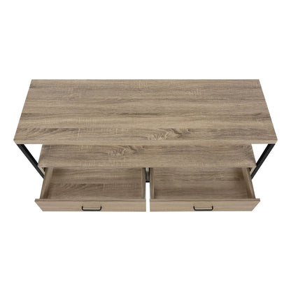 TV stand with wood grain finish, black metal geometric legs, two front drawers on Tampa Home & Garden Store