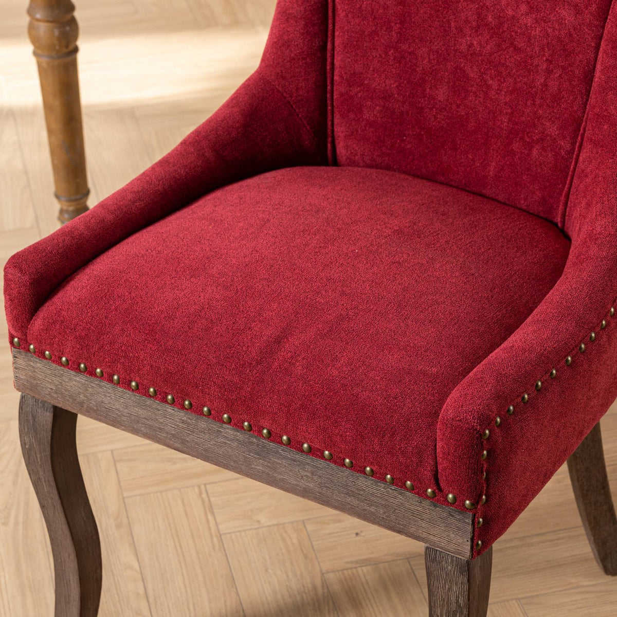 Ultra Side Dining Chair red velvet upholstery with solid wood legs and brass nailhead trim on Tampa Home & Garden Store