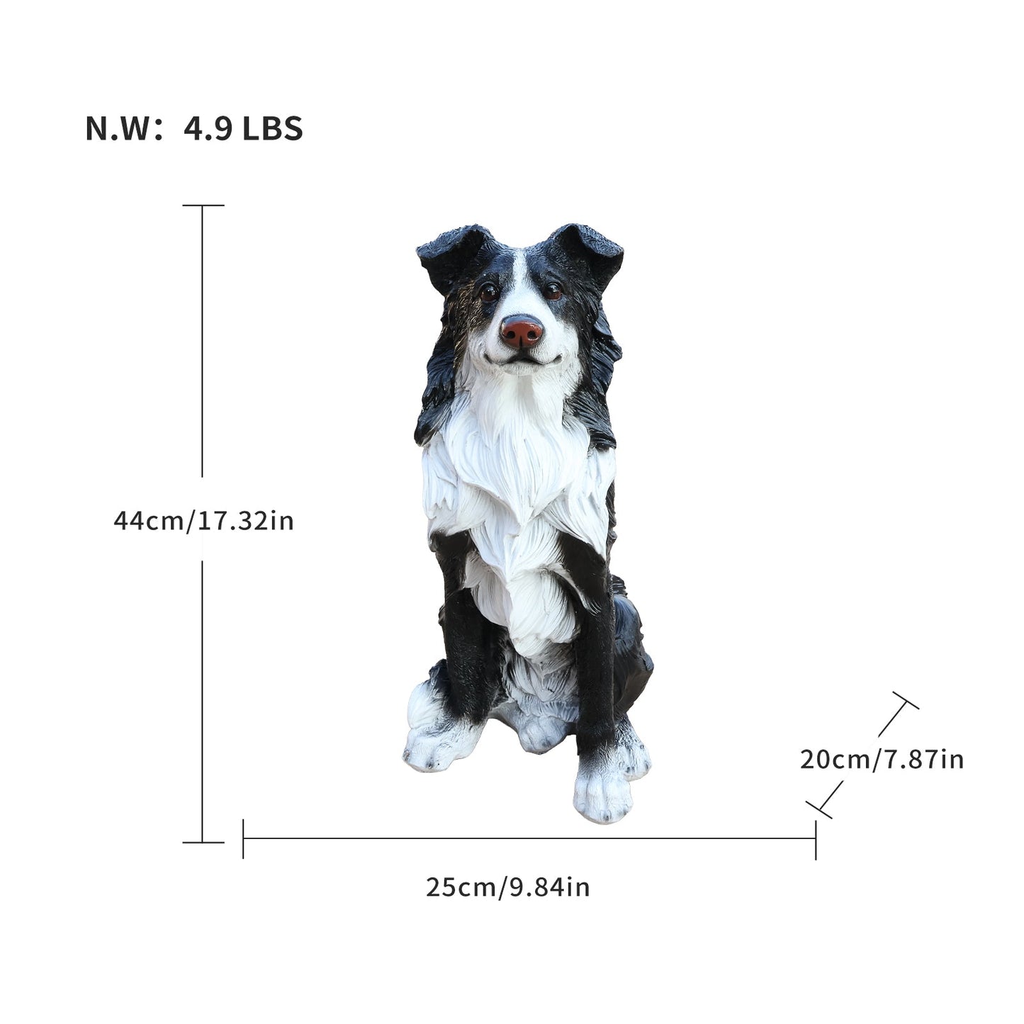 Border Collie Dog Statue Greeter by HouseOfZazla, black and white with brown nose; 17.32in tall on Tampa Home & Garden Store