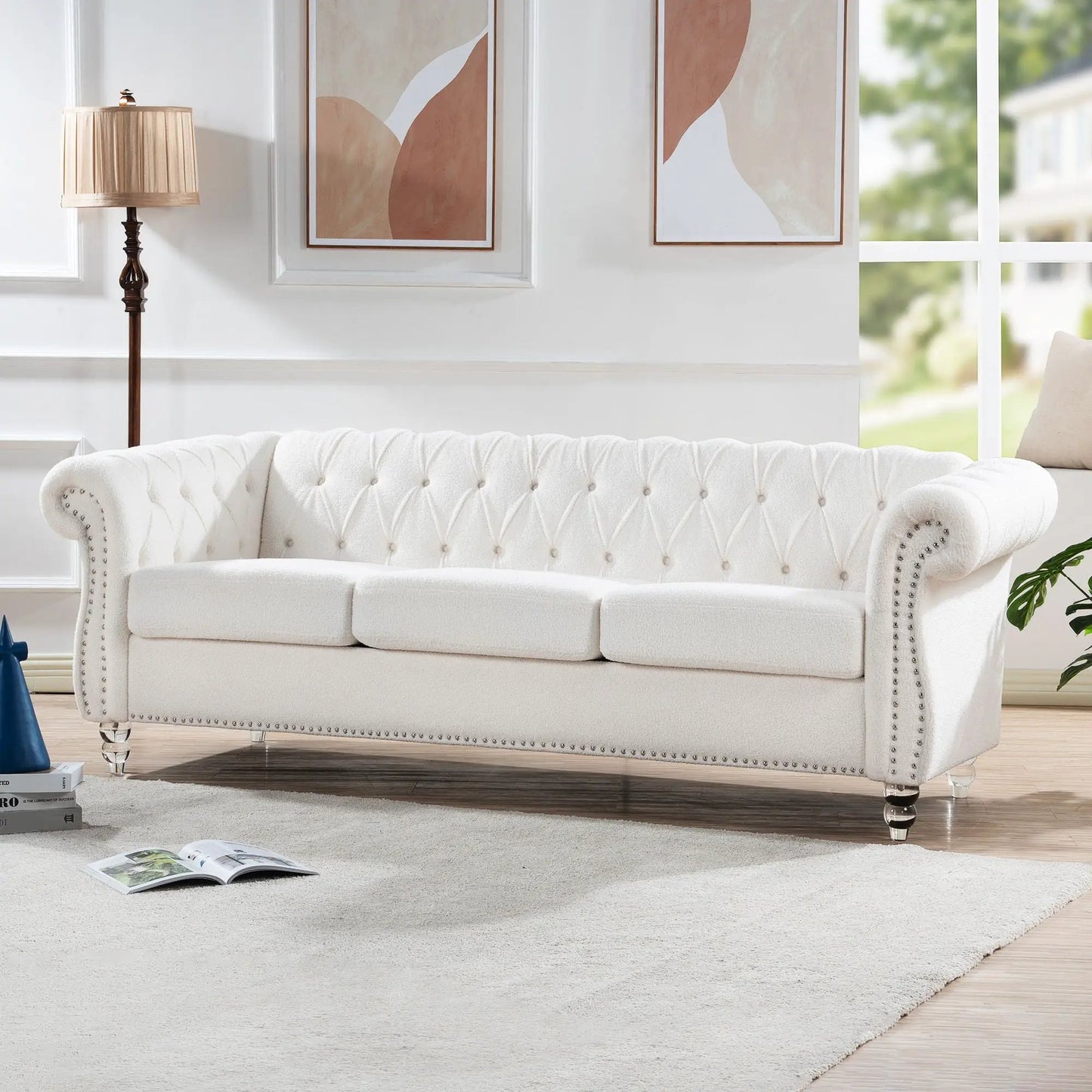 Rolled Arm Chesterfield 3 Seater Sofa white tufted fabric stationary sofa Unique Piece Furniture on Tampa Home & Garden Store