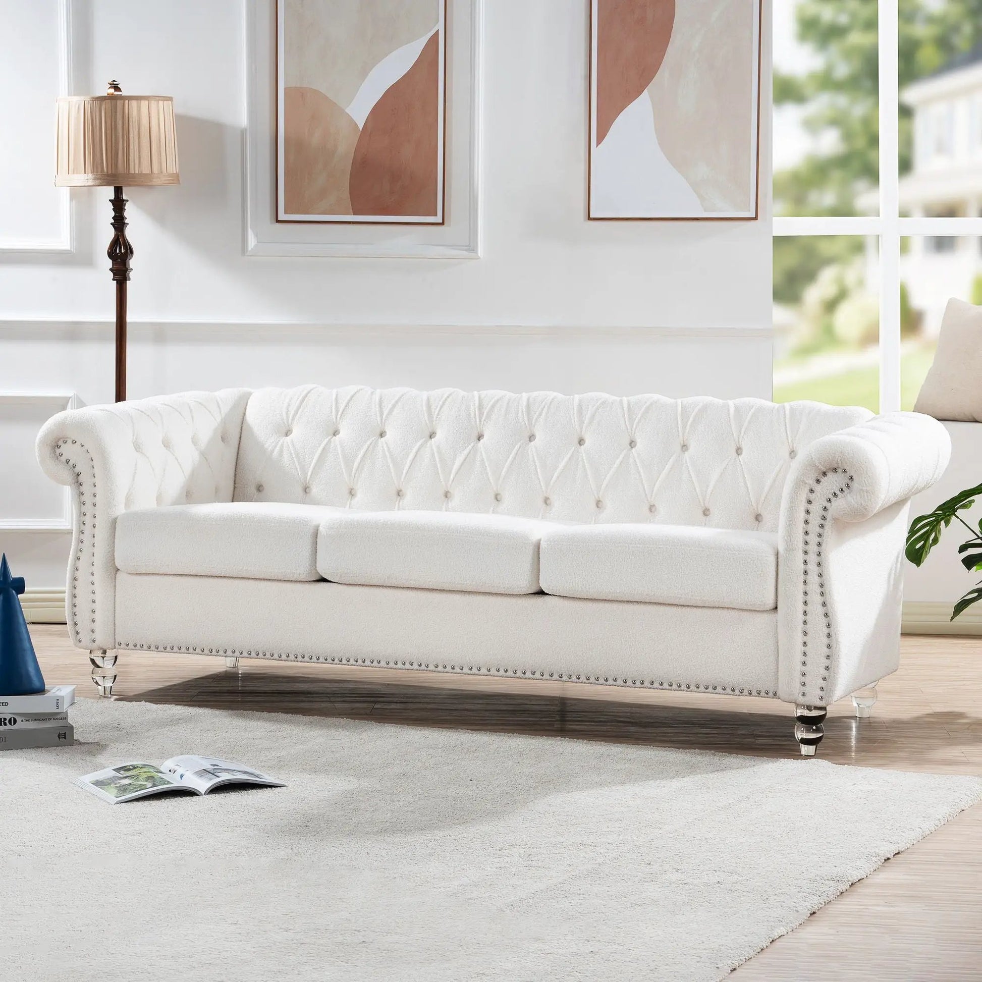 Rolled Arm Chesterfield 3 Seater Sofa white tufted fabric stationary sofa Unique Piece Furniture on Tampa Home & Garden Store