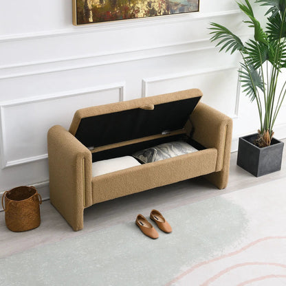 Modern teddy upholstered large bed end bench with arms and storage in tan boucle fabric on Tampa Home & Garden Store