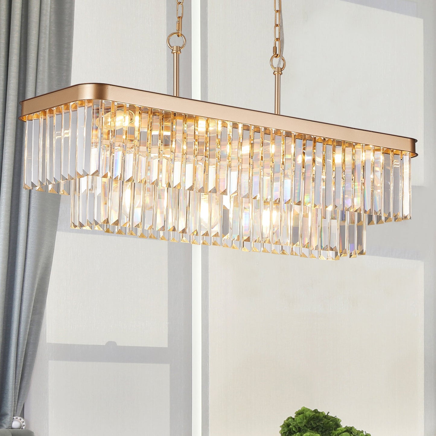Rectangular crystal chandelier with gold iron frame and hanging prisms, HouseOfZazla on Tampa Home & Garden Store