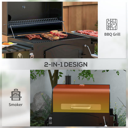 Outsunny charcoal grill with adjustable height folding shelves, black finish, meats on grates on Tampa Home & Garden Store