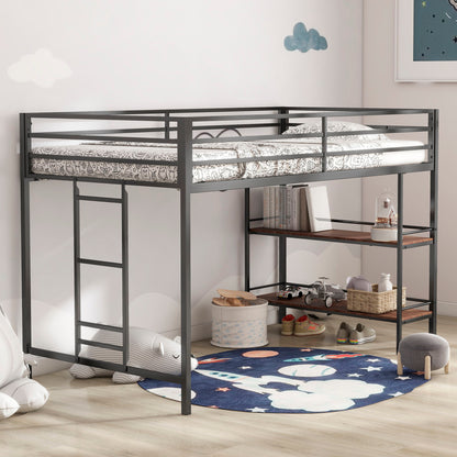 Adam Twin Loft Bed with cinnamon wood shelf in black metal frame; includes ladder on Tampa Home & Garden Store