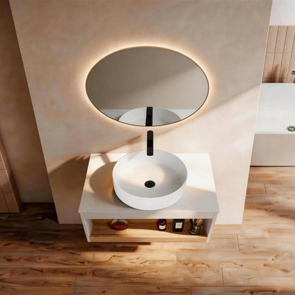 Floating vanity with glossy white round vessel sink, wall-mounted with backlit round mirror on Tampa Home & Garden Store