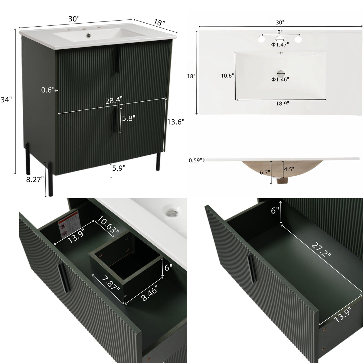 Bathroom vanity with ceramic sink and fluted dark green cabinet, white top by HouseOfZazla on Tampa Home & Garden Store