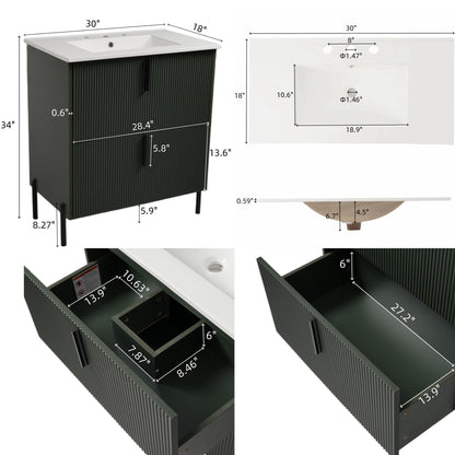Bathroom vanity with ceramic sink and fluted dark green cabinet, white top by HouseOfZazla on Tampa Home & Garden Store
