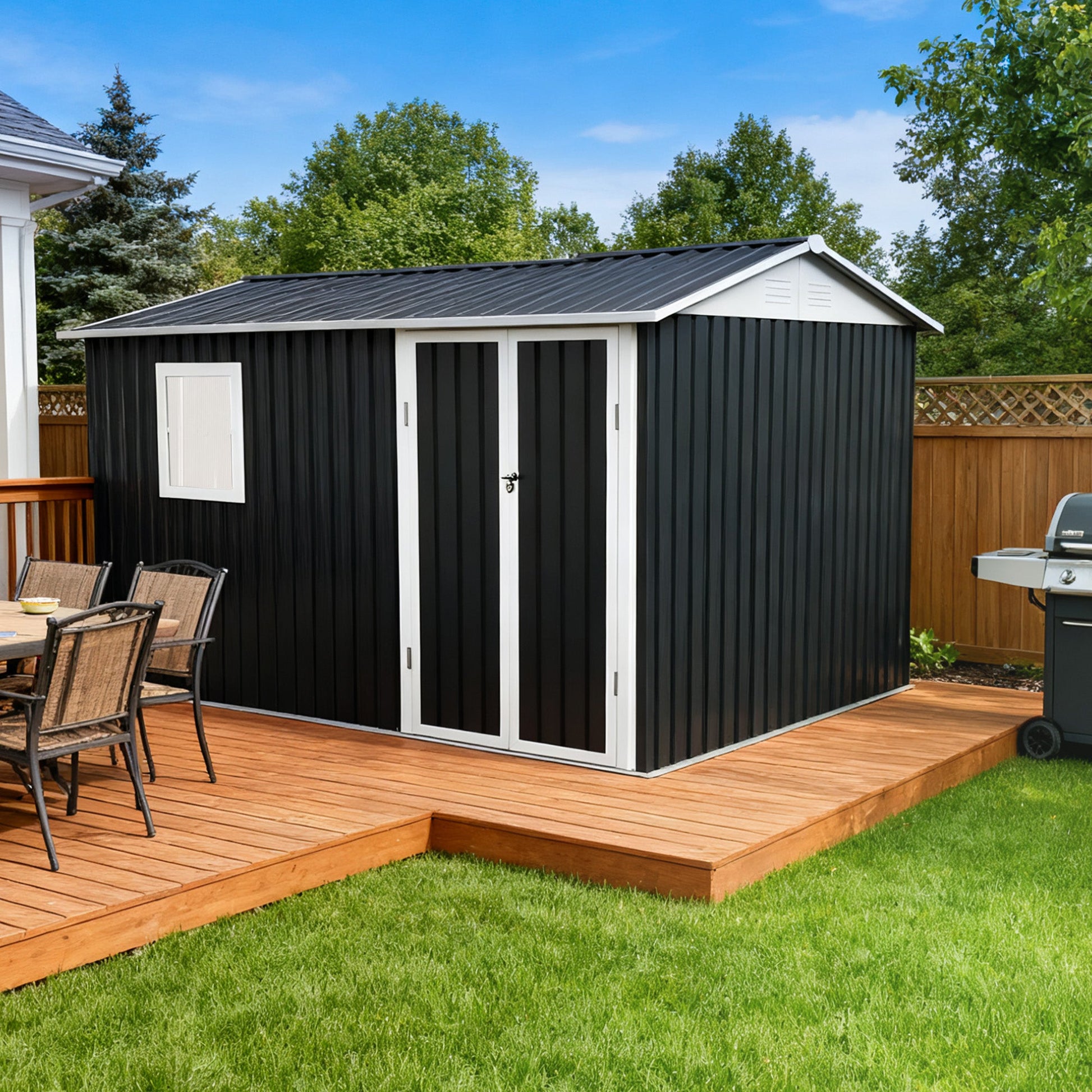 Metal garden shed 9 x 6 ft with black exterior and white trim by HouseOfZazla on Tampa Home & Garden Store