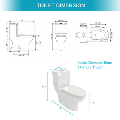 HouseOfZazla Dual Flush 1-Piece Toilet with Soft Closing Seat in white; dimension blueprint on Tampa Home & Garden Store