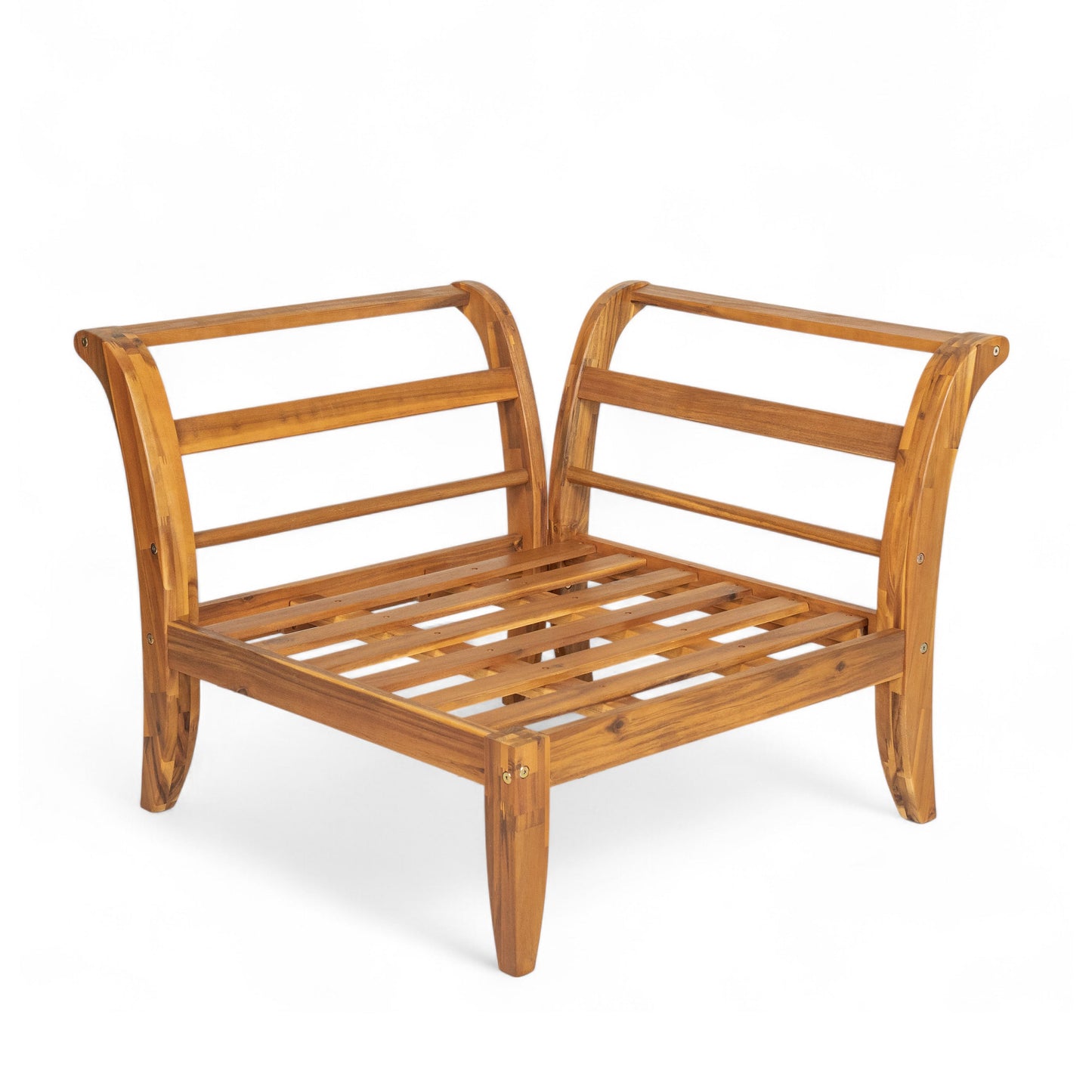 Acacia wood outdoor modular sectional frame with curved arms and slatted seat in natural finish on Tampa Home & Garden Store