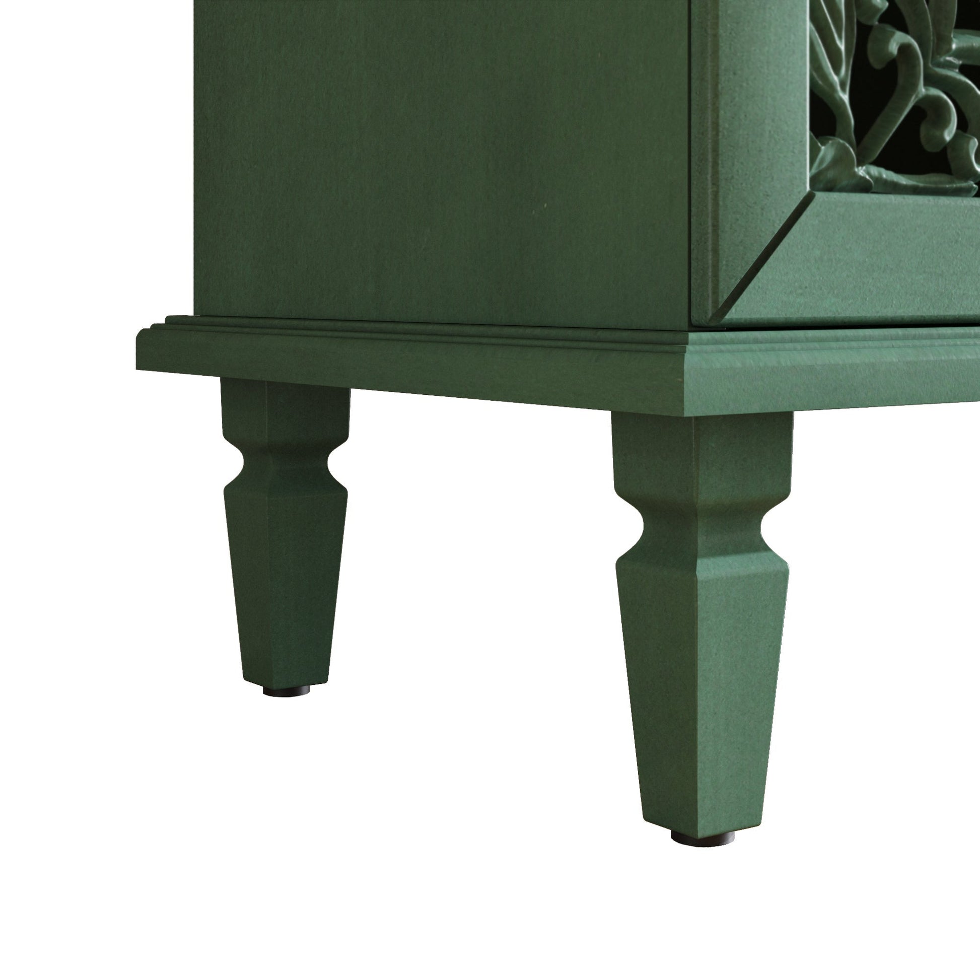 Antique green buffet cabinet with floral carvings and turned legs on Tampa Home & Garden Store