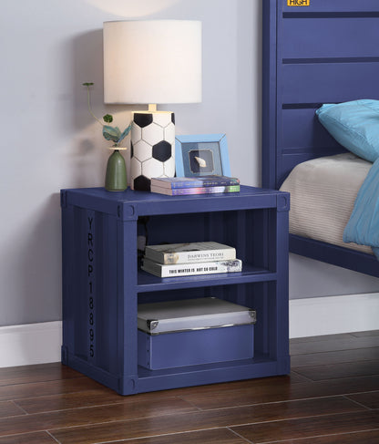 Cargo Nightstand With USB, blue crate-style wood finish, bedside lamp and books on Tampa Home & Garden Store