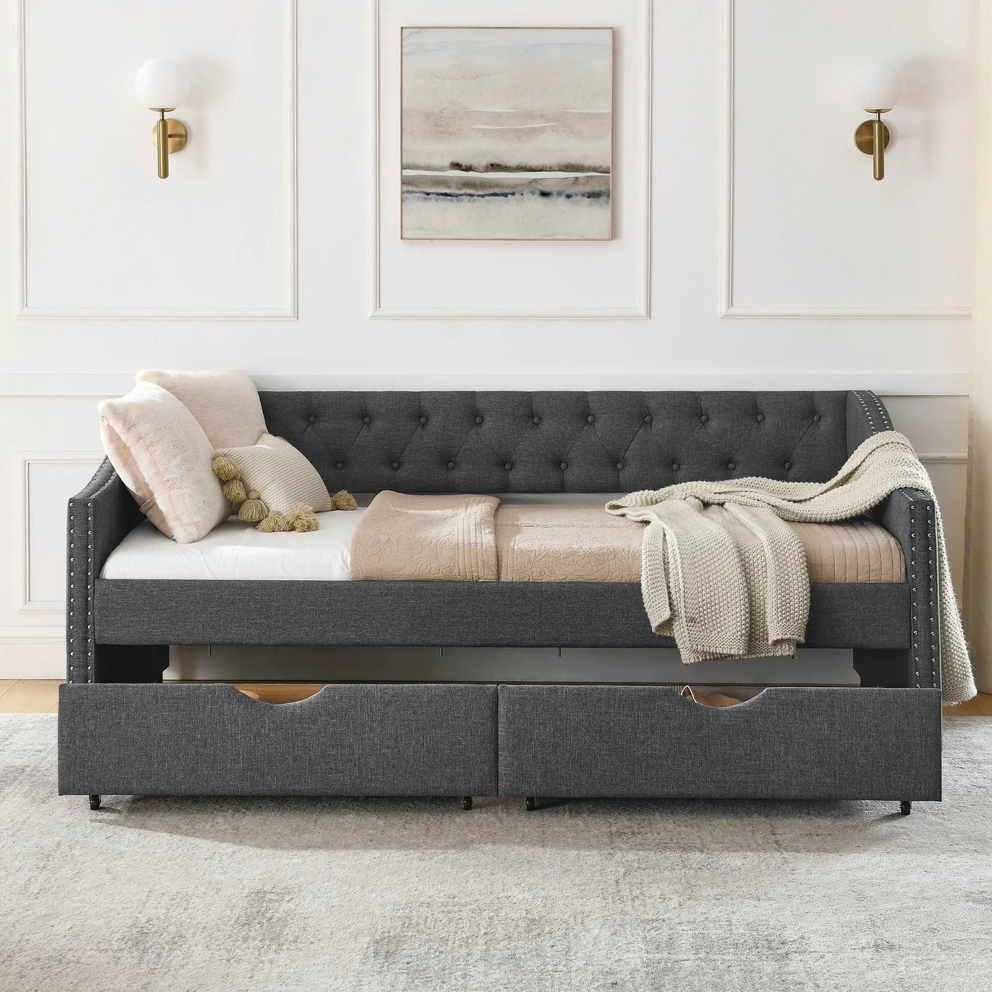 Upholstered tufted daybed with 2 storage drawers, dark gray fabric, waved arms, Unique Piece Furniture on Tampa Home & Garden Store