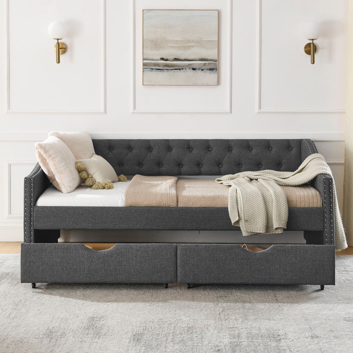 Upholstered Tufted Daybed with Storage Drawers